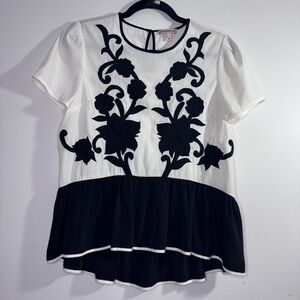 Juicy Couture Floral Appliqué Peplum Blouse Black White Size 6 Top
